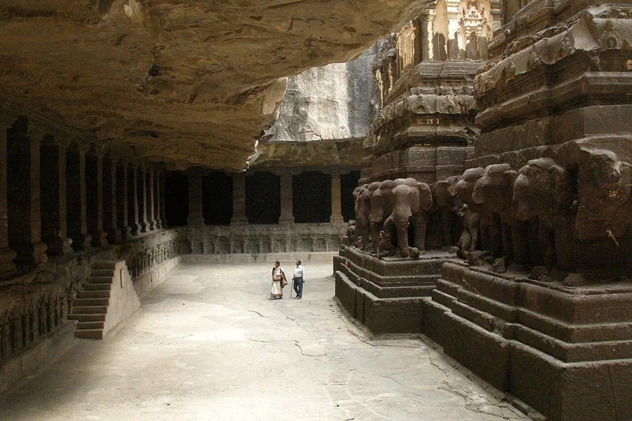 The Kailasa temple at Ellora seen from the surrounding rock