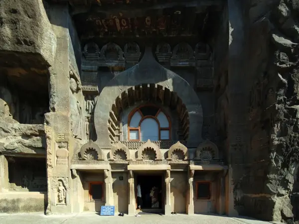 The carved facade of Cave 9, a Buddhist prayer hall at Ajanta