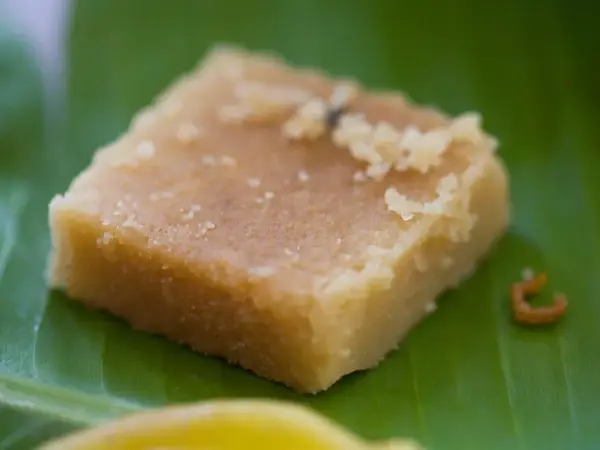 A piece of Mysore pak, the ghee-rich sweet from Mysuru