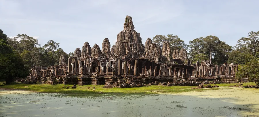 The stone towers and carved faces of the Bayon temple in Angkor Thom