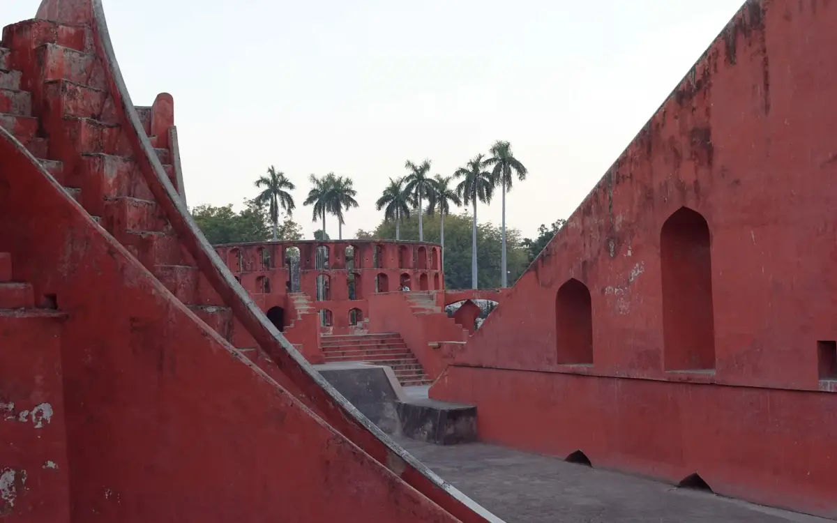 Stone sundial and massive astronomical instruments at Jantar Mantar, Delhi