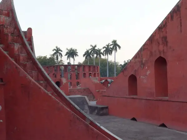 Stone sundial and massive astronomical instruments at Jantar Mantar, Delhi
