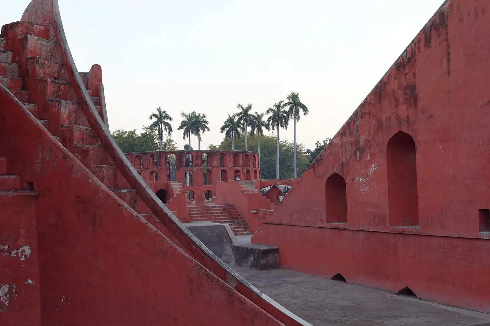 Stone sundial and massive astronomical instruments at Jantar Mantar, Delhi