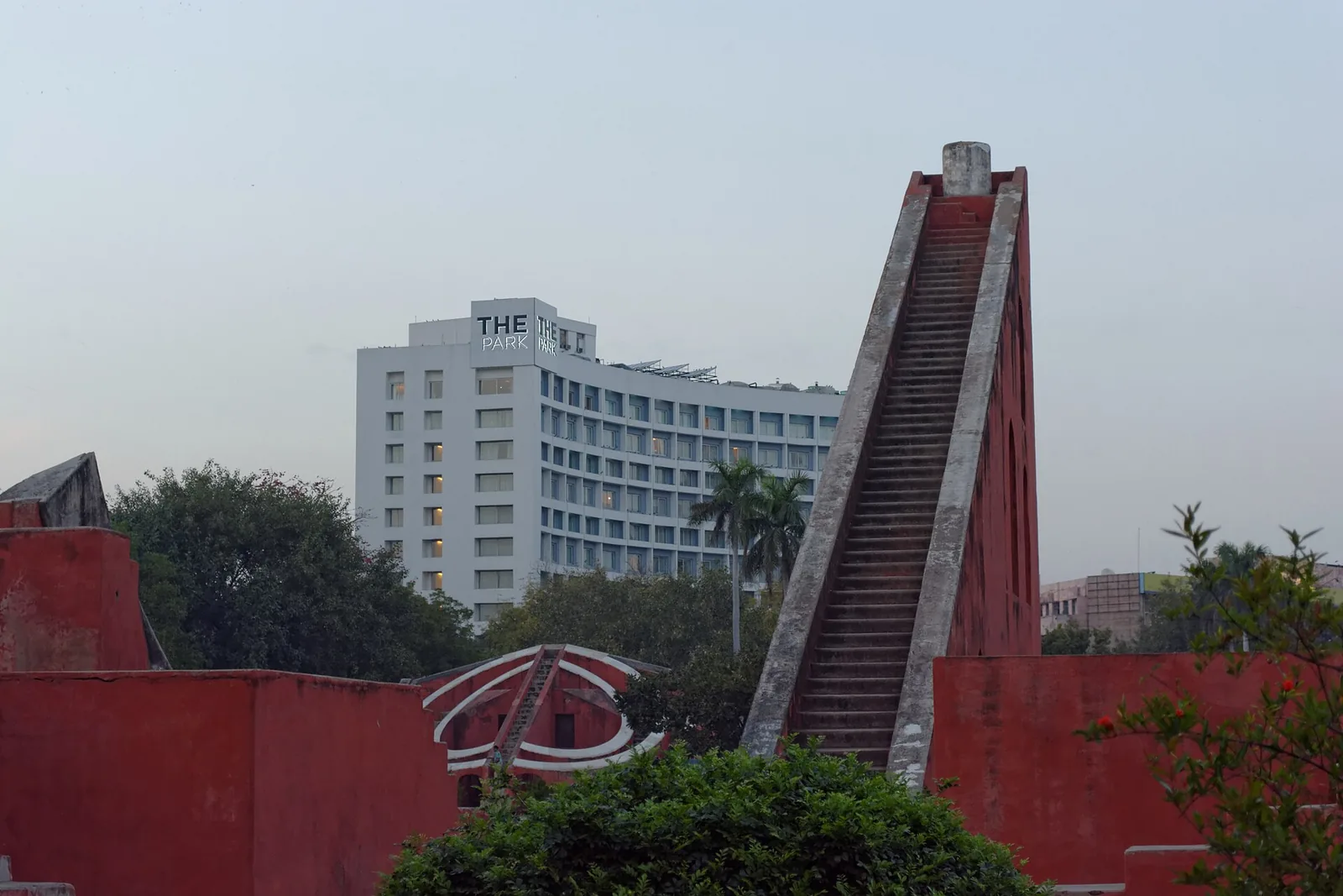 Large stone observatory structures with triangular walls at Jantar Mantar, Delhi