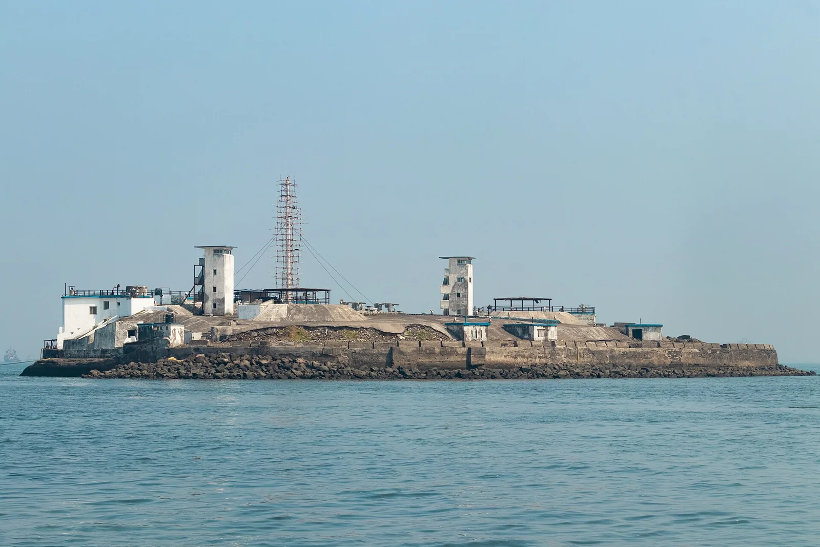 Middle Ground Coastal Battery island showing stone gun emplacements and sea horizon