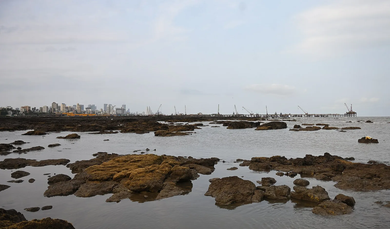 Mumbai skyline with construction cranes along the coastal road, viewed from Carter Road