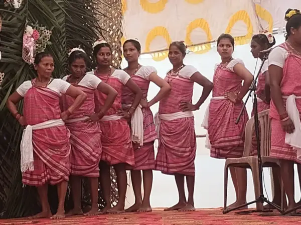 Adivasi festival in Quepem, January 2025: performers in traditional dress dancing on stage