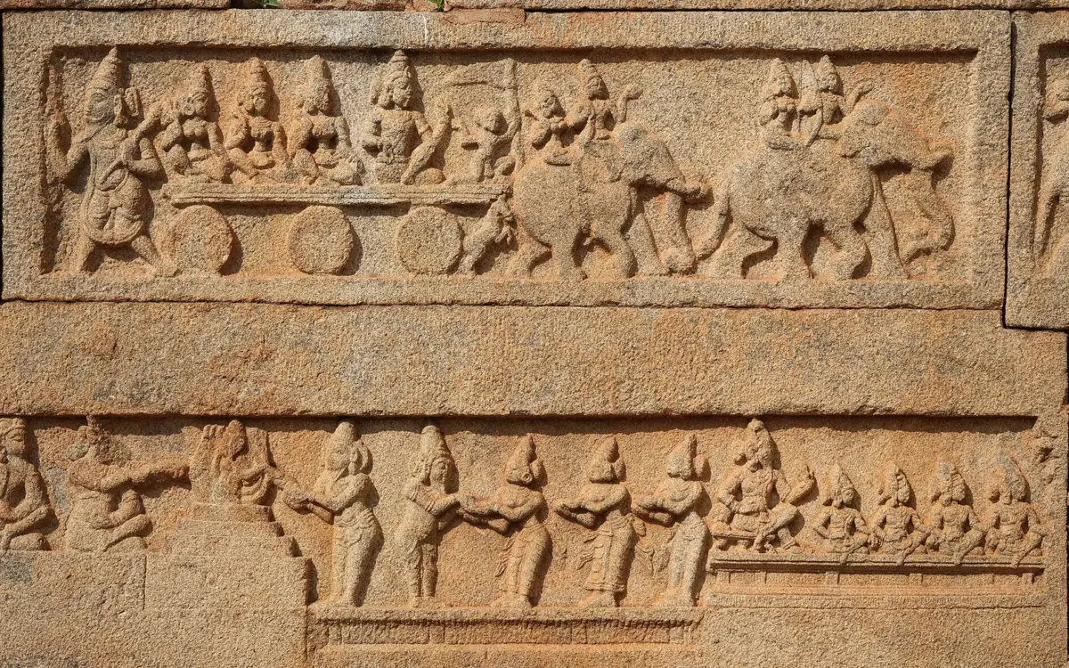 Carved reliefs on the Court Wall of Hazara Rama Temple, Hampi