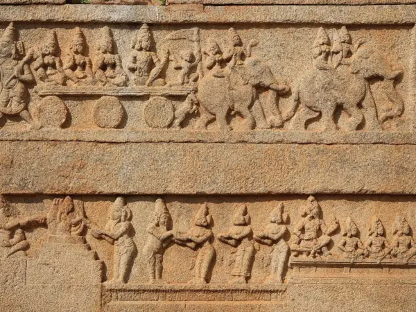 Carved reliefs on the Court Wall of Hazara Rama Temple, Hampi