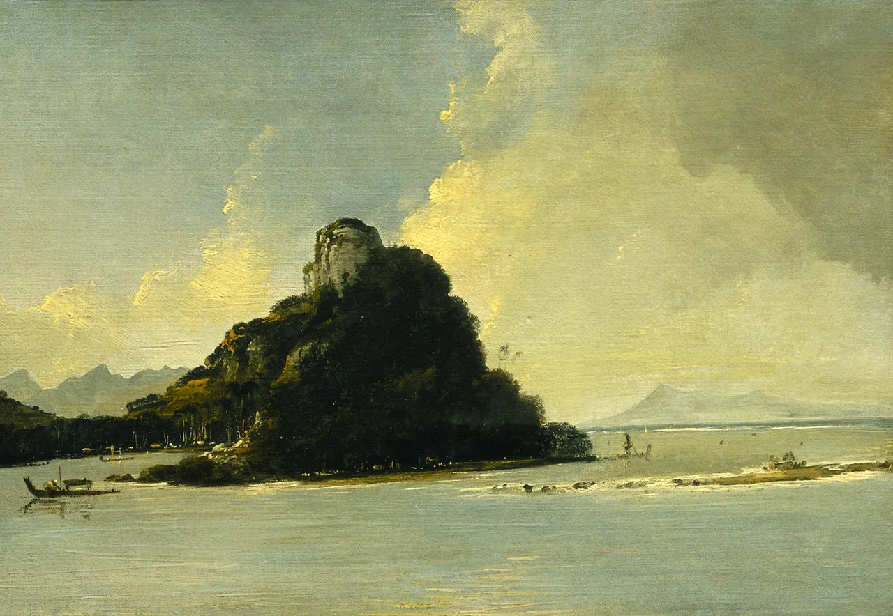 William Hodges’ 1773 painting of Fare harbour, Huahine, from Cook’s second voyage