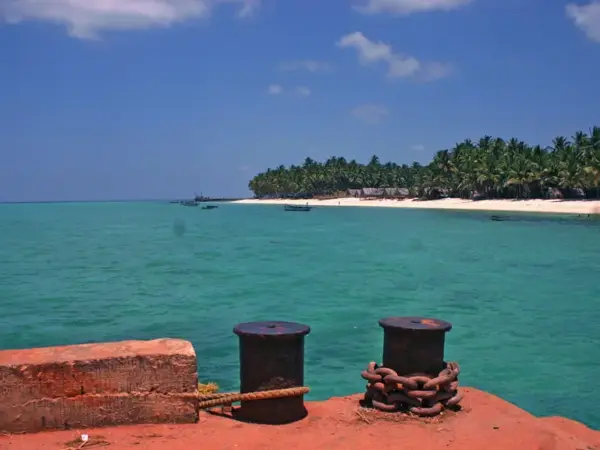 The lagoon and palm-lined shore of Agatti Island seen from the jetty
