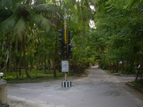 A quiet palm-shaded main road on Kavaratti Island