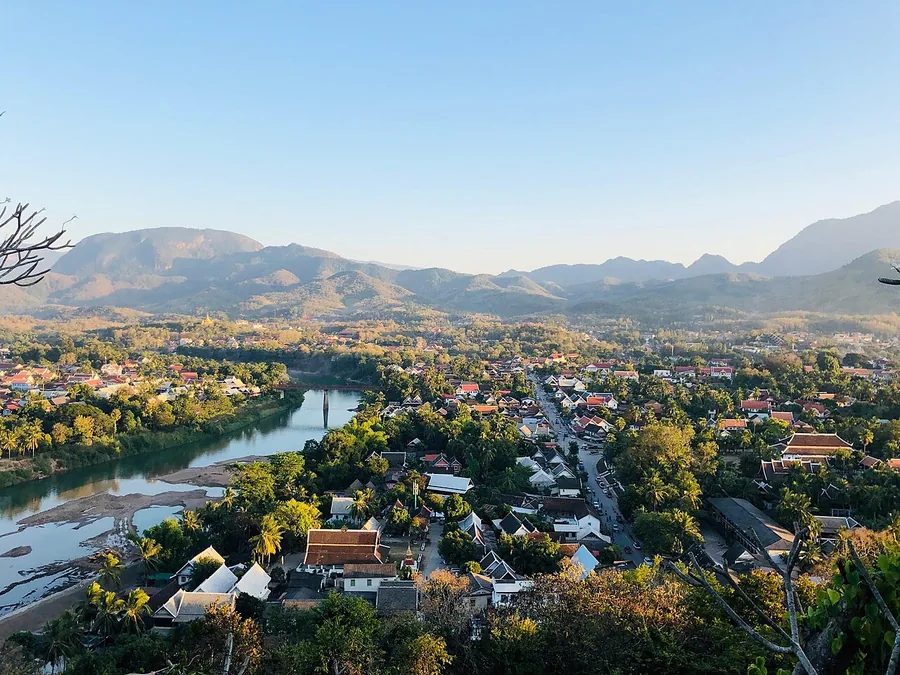 Temple roofs and greenery in Luang Prabang, Laos