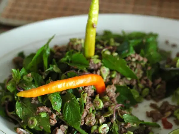 A plate of Lao larb, minced meat salad with herbs