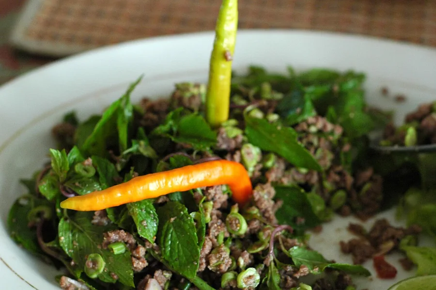 A plate of Lao larb, minced meat salad with herbs