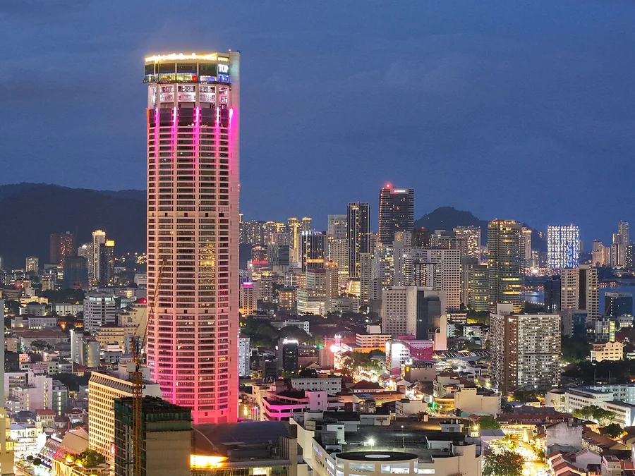 George Town, Penang, at dusk with the Komtar tower lit up