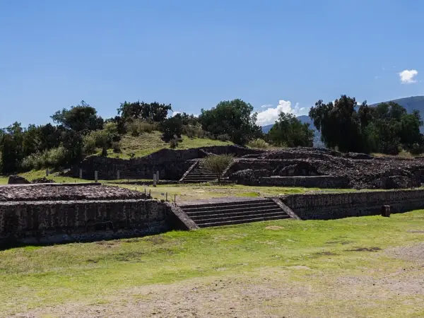 Ancient stone pyramids and platforms of the Teotihuacán archaeological site