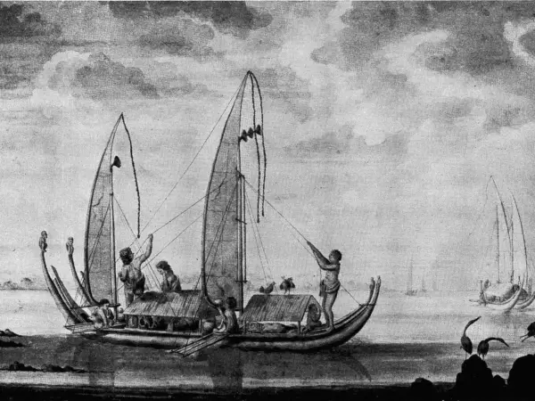 18th-century drawing of a Raiatean sailing canoe from Cook’s first voyage