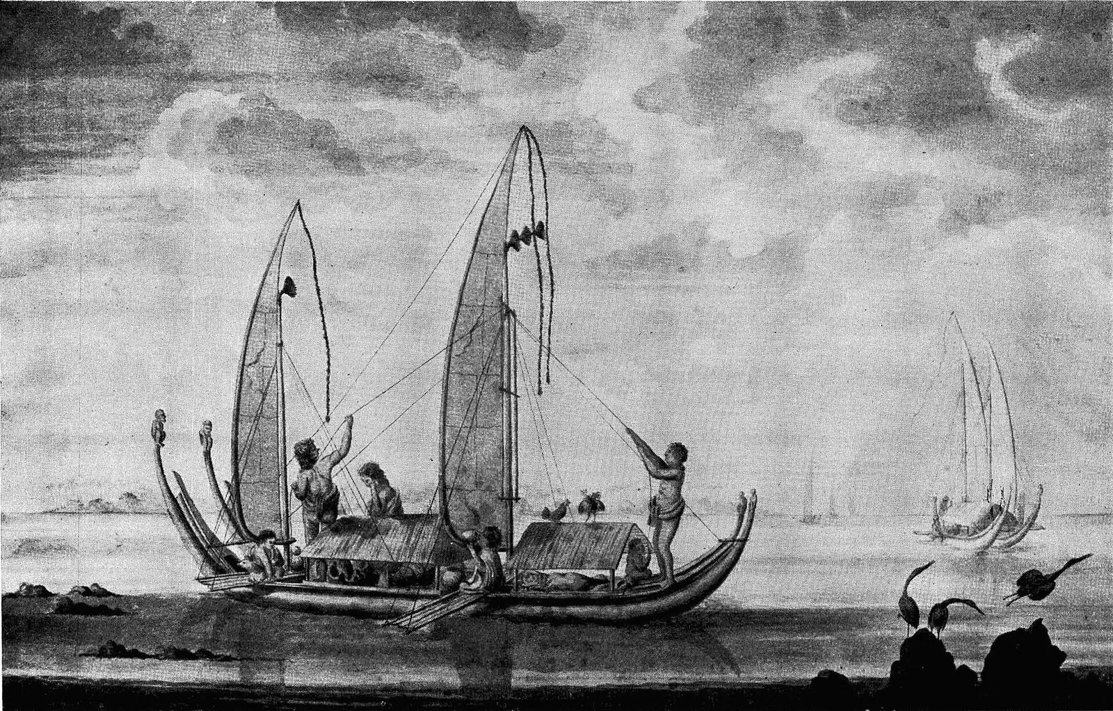 18th-century drawing of a Raiatean sailing canoe from Cook’s first voyage