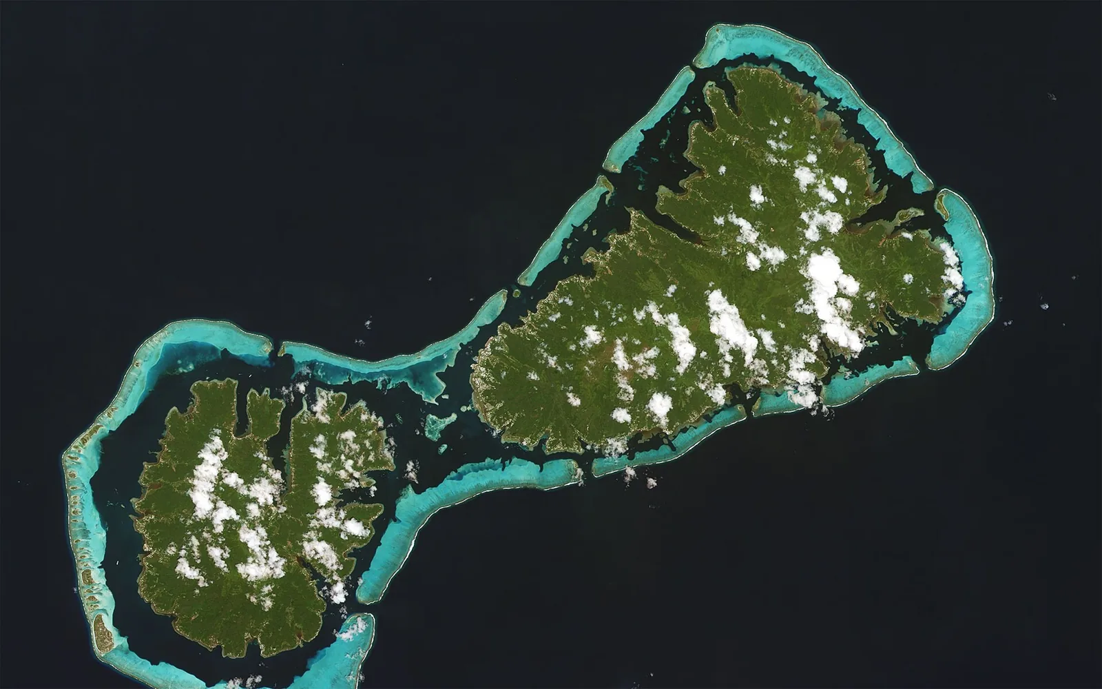 Satellite view of Raiatea and Taha’a inside their shared reef