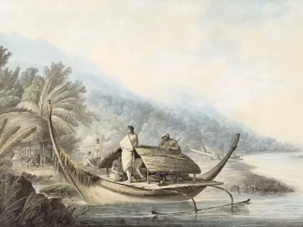 John Webber’s 18th-century painting of a bay on Raiatea, from Cook’s third voyage