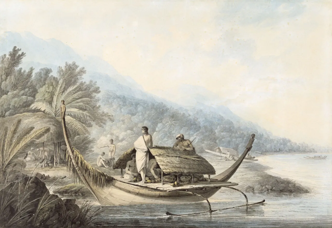 John Webber’s 18th-century painting of a bay on Raiatea, from Cook’s third voyage