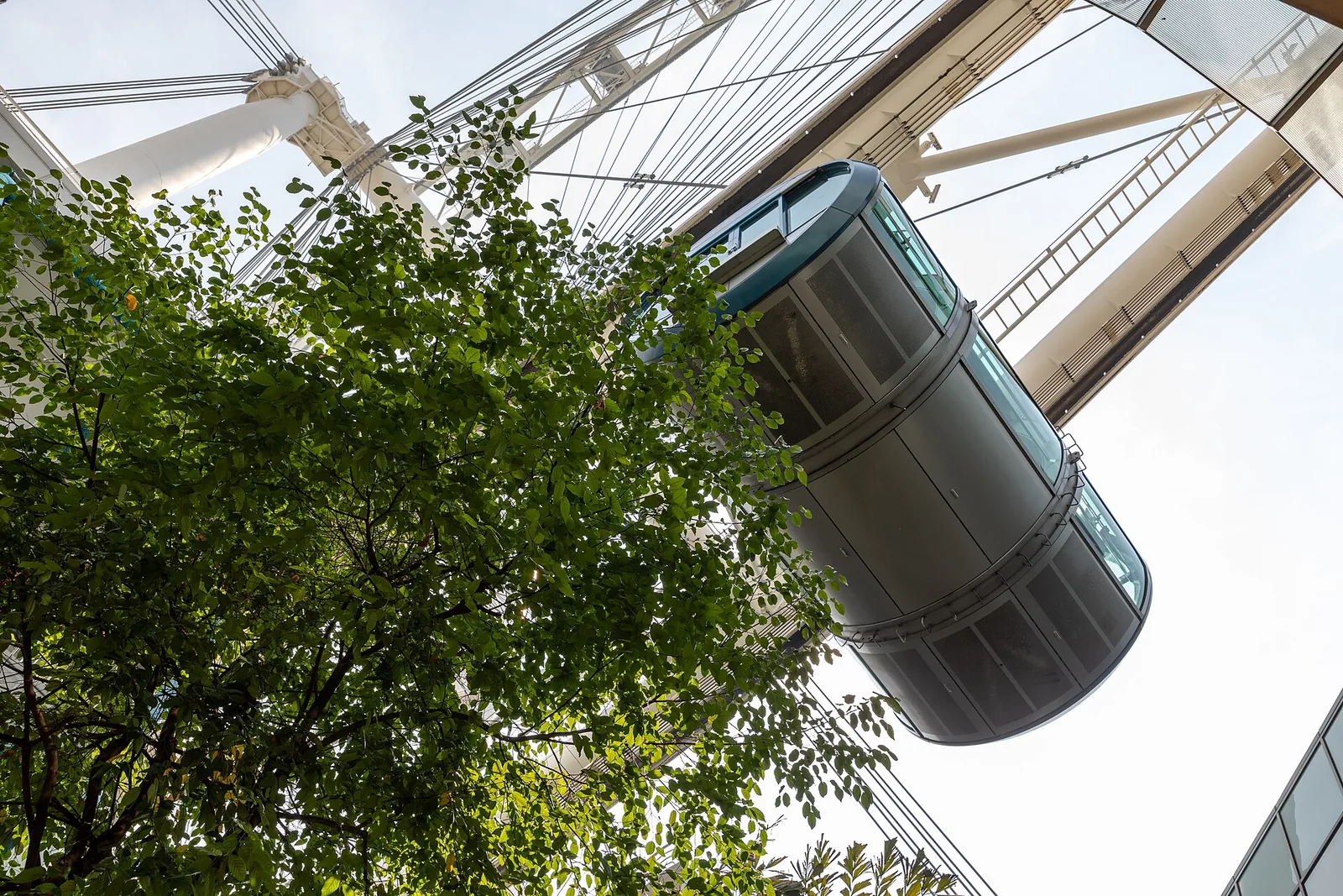 Singapore Flyer giant observation wheel against a clear sky, its capsules visible on the rotating rim