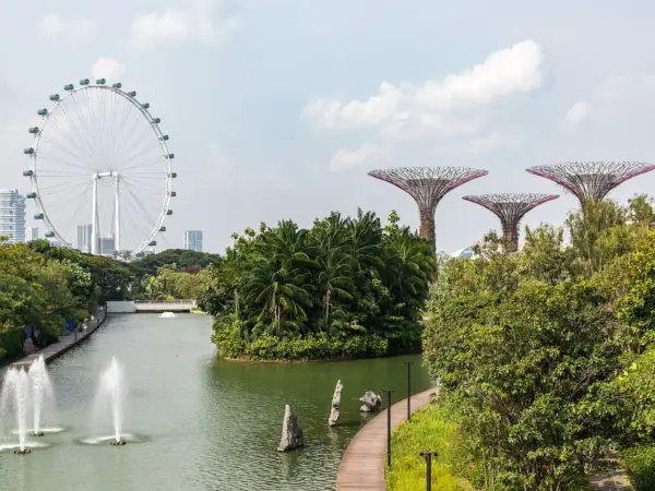 Gardens by the Bay displaying futuristic Supertree structures, sky‑filled walkways and lush garden terraces